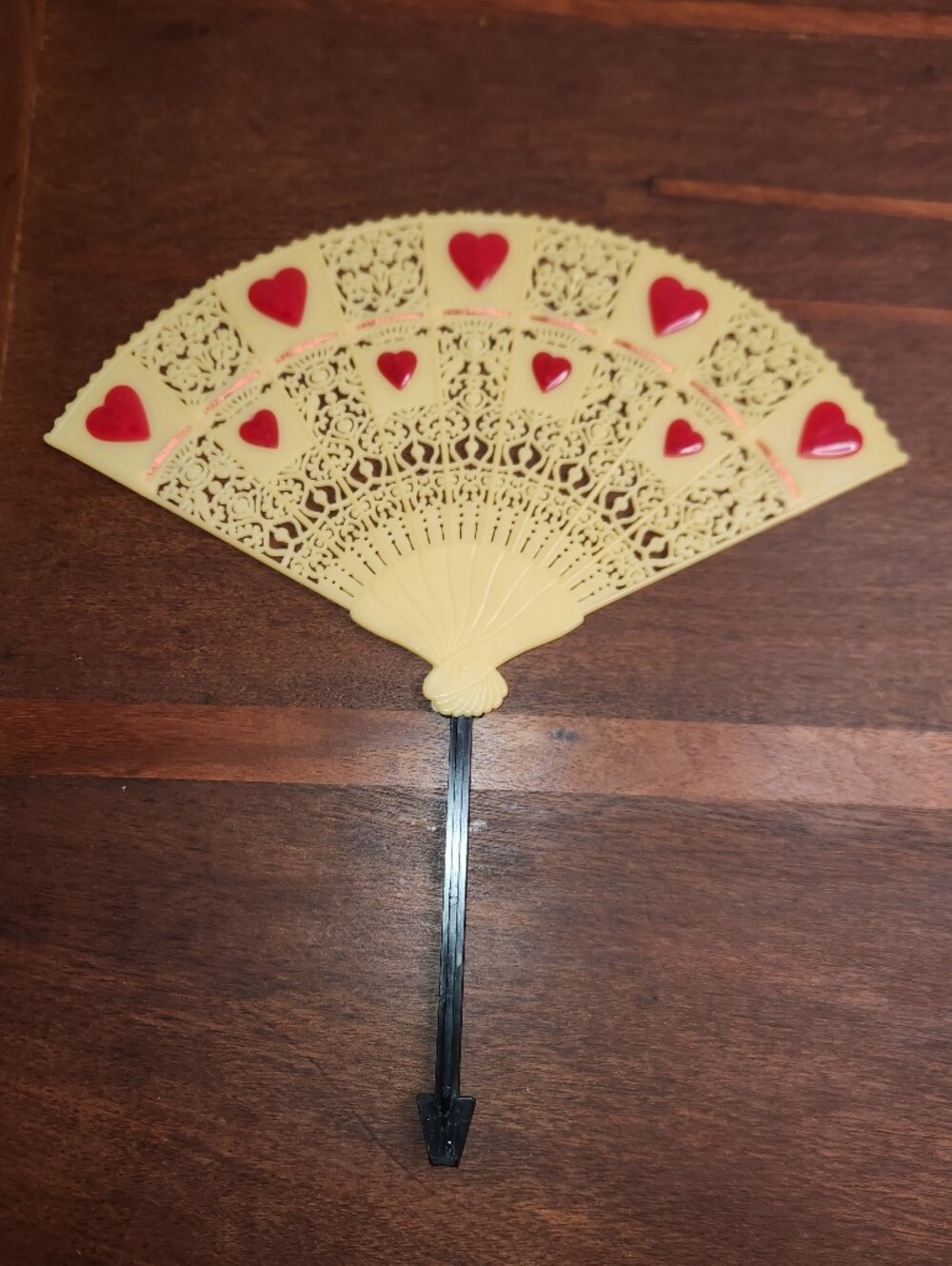 Vintage 70s FTD Yellow Hand Fan with Red Heart Accents
